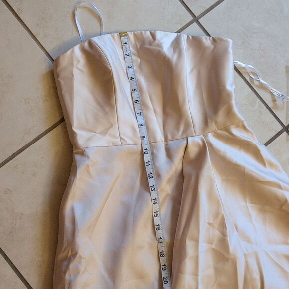 Alfred Sung Strapless Satin Gown Draped Front Slit Pockets Champagne 6 - Picture 11 of 14